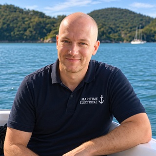 Isaac wearing a Maritime Electrical polo aboard a boat